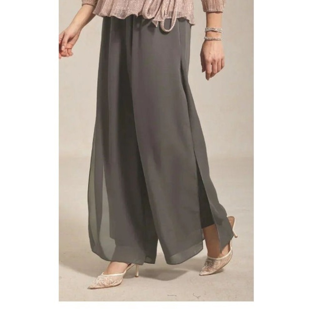 Msglamor Mid Rise Straight Chiffon Split Leg Overlay Pants - Grey - 2XL - $86